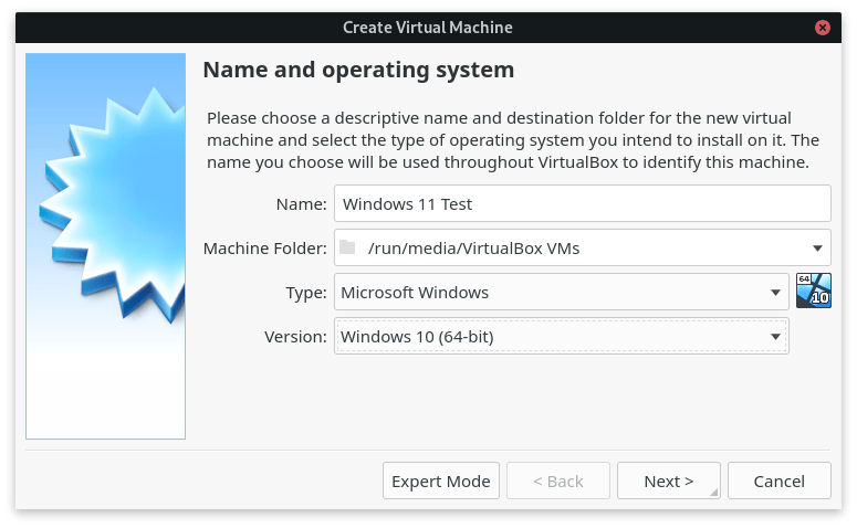Choose virtual machine name and operating system