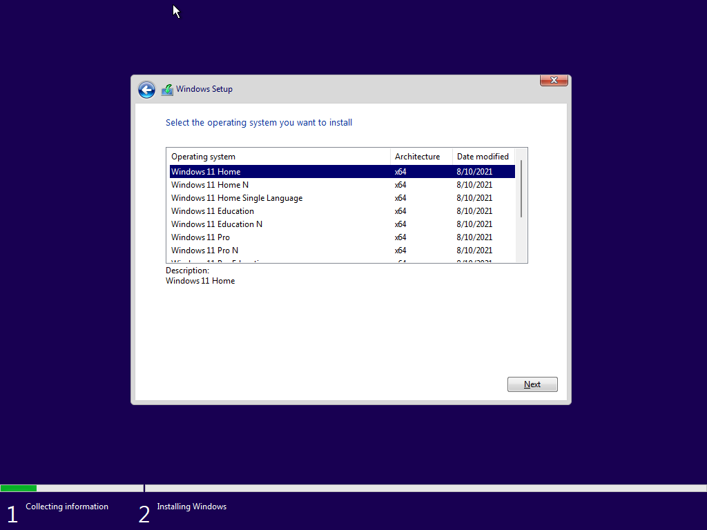 Windows 11 installation: Choose Edtition