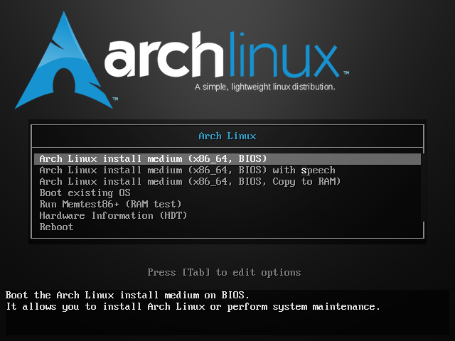 Archlinux Installation Media Boot Screen